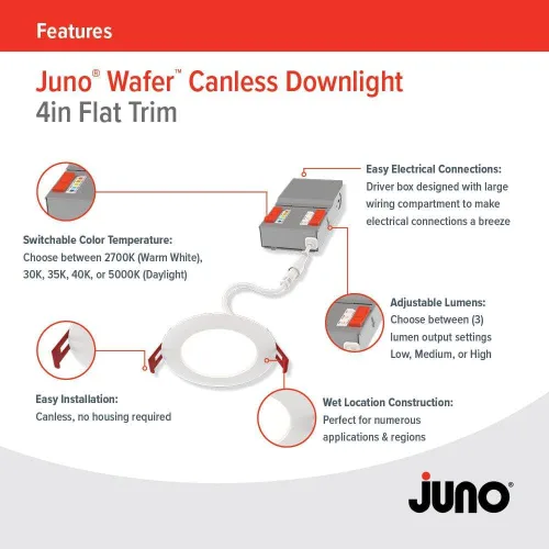 Miniatura 3 de Juno Luces LED empotrables redondas de 4 pulgadas, luz descendente de oblea deflectora, temperatura de color blanco conmutable 5 en 1, brillo