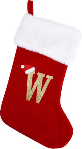 Miniatura 28 de Medias de Navidad con monograma de 20 pulgadas con letras, medias de Navidad grandes súper suaves, terciopelo rojo con puño de felpa blanco súper