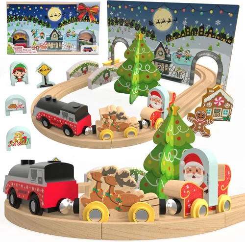Juego de Tren de Navidad de Madera Operado por Batería Motor Motorizado con Luz Trineo de Papá Noel Reno Pan de Jengibre Elfo Árbol de Navidad