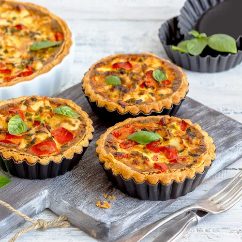 Miniatura 5 de Laxinis World Sartenes Quiche de 4 pulgadas con fondo extraíble, antiadherentes, lados estriados, mini sartenes para tartas, forma redonda, juego