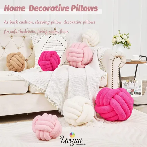 Miniatura 5 de Uvvyui Bola de almohada de nudo, almohadas decorativas suaves para el hogar, almohada redonda, almohada de felpa anudada hecha a mano, cojín redondo