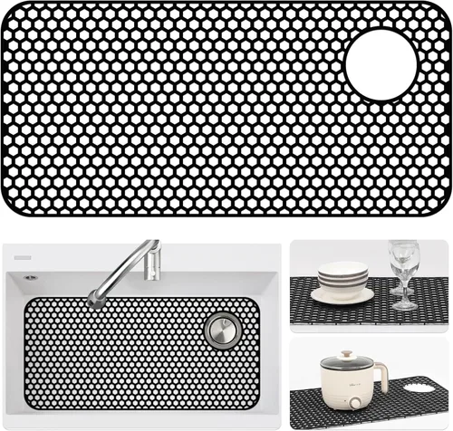Miniatura 17 de Bestjing Tapete de silicona para fregadero - Protectores para fregadero de cocina con drenaje central, accesorio de rejilla de cocina de 26" x 14