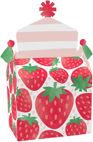 Big Dot of Happiness Berry Sweet Strawberry - Caja de golosinas para fiestas de cumpleaños con temática de frutas o baby shower, cajas a dos aguas,