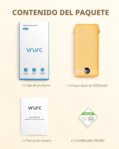 Miniatura 8 de VRURC Cargador portátil con cables integrados y enchufe de pared de CA, cargador de batería USB C de 10000 mAh, cargador de batería de viaje, Naranja