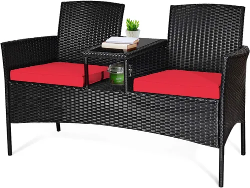 Miniatura 12 de Tangkula Sofá biplaza de ratán para exteriores, juego de conversación para patio con cojines y mesa, moderno juego de sofá de mimbre patentado