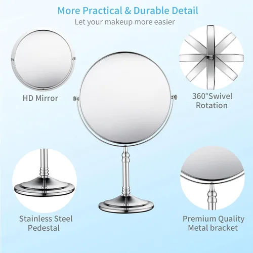Miniatura 2 de Espejo de maquillaje plateado 1X/10X de pie libre 8 pulgadas 360 giratorio de doble cara espejo de maquillaje de mesa, metal