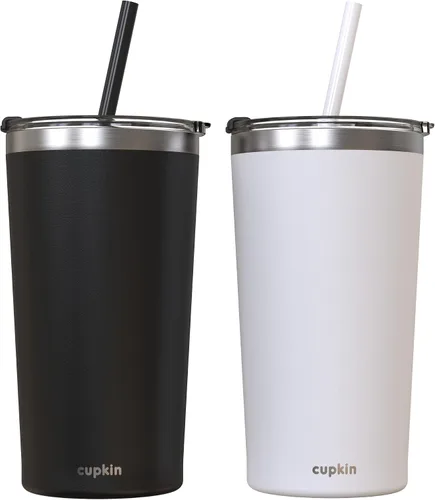 Miniatura 35 de CUPKIN - Taza apilable de acero inoxidable para niños, taza de batido, tazas aisladas con recubrimiento en polvo, tapa libre de BPA y pajilla de Rosa