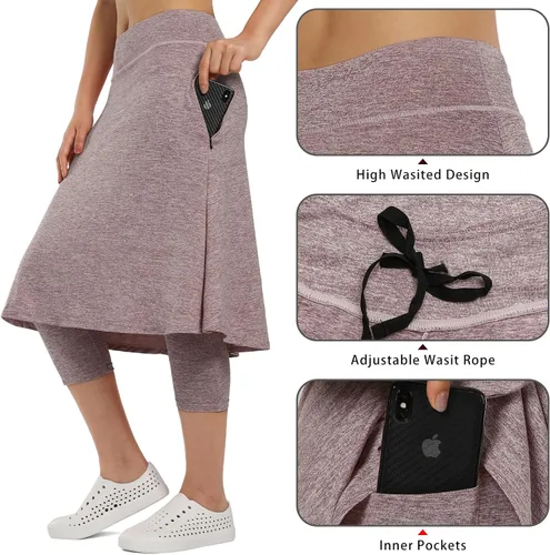 Miniatura 3 de Faldas atléticas hasta la rodilla para mujer con leggings, leggings con falda de pickleball capris para yoga, bolsillos con cremallera para mujer