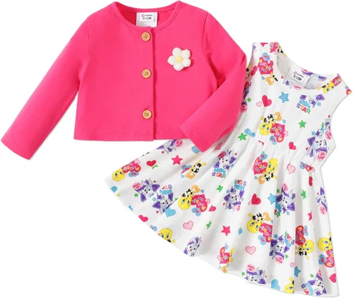 Looney Tunes - Conjunto de vestido y cárdigan para niñas pequeñas, vestido sin mangas y cárdigan de manga larga