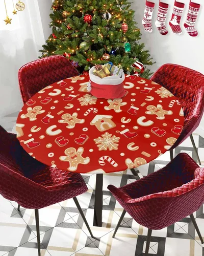 Miniatura 46 de Mantel ajustado redondo de Navidad con Poinsettia, mantel de lino retro de Navidad impermeable para mesa circular, mantel circular elástico de Rojo