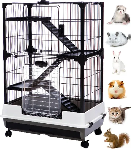 Jaula de lujo de 4 niveles para conejos de interior/exterior con doble puerta delantera grande para hurón, ardilla, chinchilla, plataforma sólida