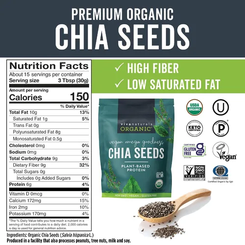 Miniatura 2 de Viva Naturals Semillas orgánicas de chia, 1 lb (454 g) – Omega-3 de origen vegetal y proteína vegana, sin gluten y sin OGM, perfectas para batidos