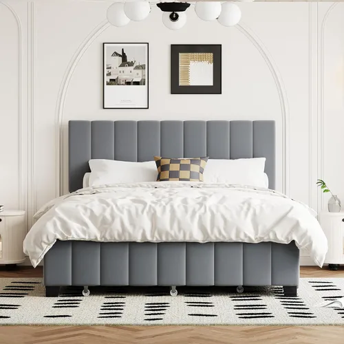 Miniatura 14 de Harper & Bright Designs - Cama de plataforma tapizada tamaño Queen con cabecera de terciopelo con patrón de flores, base de cama de madera