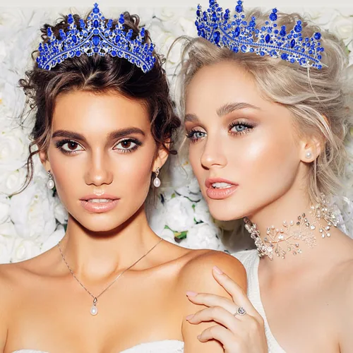 Miniatura 2 de CURASA Coronas de reina de cristal azul real, hermosas tiaras para princesas y niñas, coronas de cumpleaños para mujeres, exquisitos accesorios
