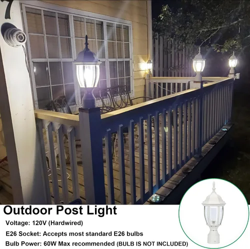 Miniatura 5 de LIT-PaTH Farol de poste de iluminación para exteriores, base mediana E26 máx. 60 W, carcasa de aluminio más vidrio, acabado blanco mate, paquete de 1
