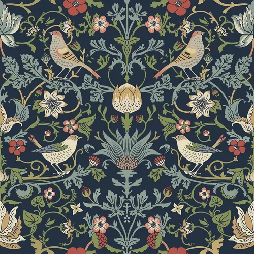 FunStick Papel Tapiz Floral Azul Marino Despegar y Pegar Vintage William Morris Hoja Verde Pájaro Fresa Roja Papel Tapiz Victoriano para Baño Azul
