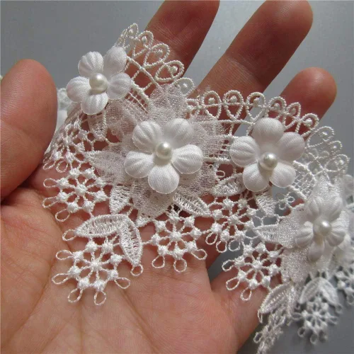 1 yarda Fan Flower Pearl Lace Recorte 2.75 pulgadas de ancho, estilo vintage, poliéster bordado, cinta de encaje, tela, apliques de costura, Blanco