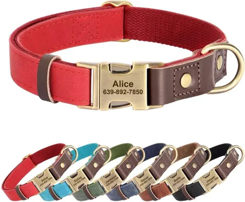 Miniatura 13 de Collares para perros personalizados, collar de piel sintética suave personalizada con nombre de mascota y número de teléfono para perros pequeños
