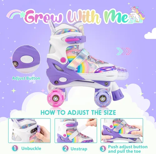 Miniatura 2 de SULIFEEL Rainbow Unicorn - Patines ajustables de 4 tamaños para niñas y niños de 3-5, 5-8, 6-12 años, patines para interiores y exteriores b púrpura