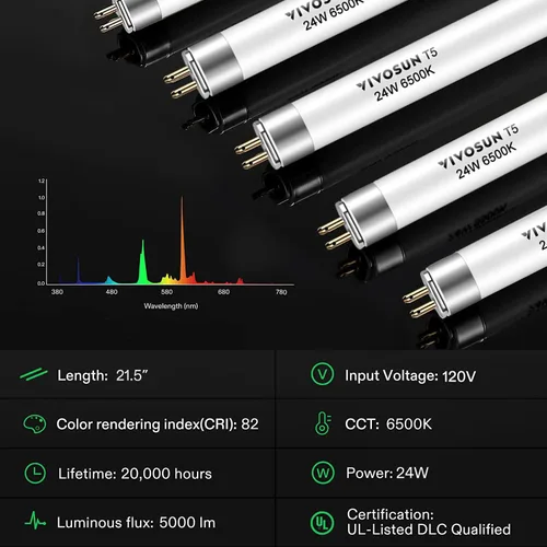 Miniatura 4 de VIVOSUN Bombillas T5 de crecimiento de 2 pies y 22 pulgadas, 24 W, 6500 K, tubos fluorescentes HO, bombilla blanca fría T5 para lámparas T5 de 22