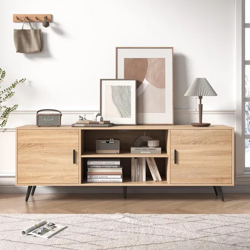 Miniatura 4 de Soporte de TV moderno de mediados de siglo, 70 pulgadas para TV de 75 pulgadas, madera con almacenamiento, centro de entretenimiento para sala