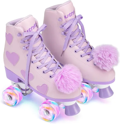 Miniatura 2 de Ruthfot Patines clásicos para mujeres y niñas con ruedas iluminadas y patrón de corazón de amor, patines de cuero PU de caña alta.. Púrpura