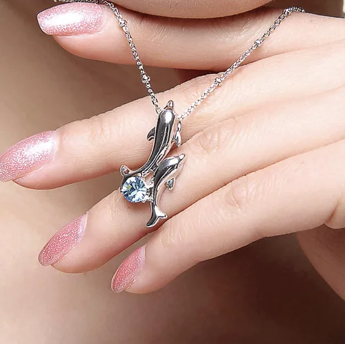 Miniatura 3 de Rigant Collar de delfines chapados en oro blanco con circonita cúbica redonda de cristal para mujer