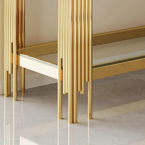 Miniatura 229 de Mesa de centro de cristal de lujo, mesa de centro de sofá de 47 pulgadas con marco de acero inoxidable dorado y parte superior de vidrio negro, mesa