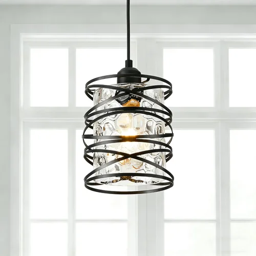 Miniatura 11 de Mini lámpara colgante moderna para isla de cocina, 6.30 pulgadas, jaula espiral negra mate soplada a mano, pantalla de vidrio transparente