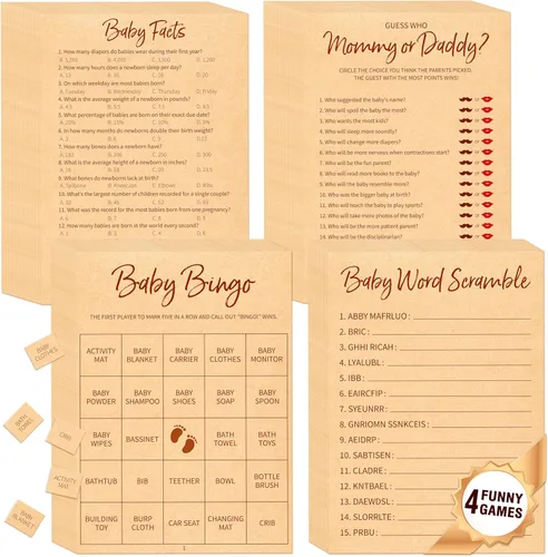 Juego de baby shower, juego de bingo neutro de género/Adivina quién mamá o papá/desafío de palabras/tarjetas de datos de preguntas para bebés para