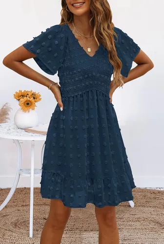 Miniatura 2 de TECREW Vestido corto de verano con cuello en V y manga corta fruncida para mujer