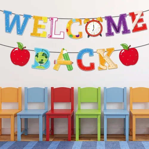 Miniatura 3 de Cartel de regreso a clases con texto en inglés "Welcome Back Words" para colgar en el día de regreso a la escuela, decoración de fiesta