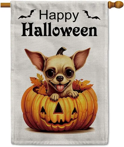 Miniatura 32 de Bandera de jardín de bulldog de Halloween de 12.5 x 18 pulgadas, vertical, doble cara, calabaza de Feliz Halloween, linda cachorro, decoración