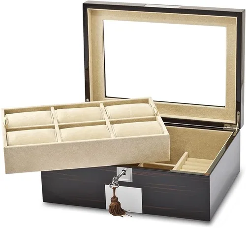 Miniatura 3 de Diamond2Deal Bandeja elevadora para reloj de chapa de ébano de alto brillo y joyero, Blanco