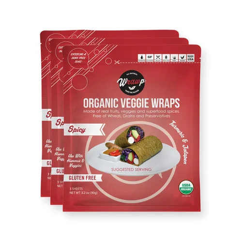 WrawP Mini envolturas orgánicas para verduras – PICANTE (paquete de 3) ESTABLES EN ESTANTE, todo natural, sin gluten, paleo, vegano crudo. Perfecto