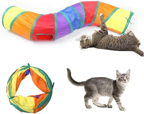 Miniatura 8 de Andiker Túnel para gatos de interior, tubo plegable de arco iris de 45 pulgadas de largo con una divertida bola y 2 agujeros, túnel de conejo