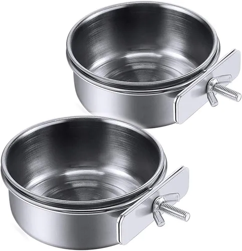 Miniatura 11 de PINVNBY 2 piezas cuencos de acero inoxidable para pájaros, cuencos para agua y alimentos con soporte de abrazadera, comedero de pájaros, tazones