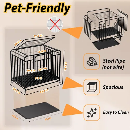 Miniatura 4 de 48 Inch High Anxiety Steel Dog Cage with Wheels, Indoor Dog Crate with Removable Tray, Indestructible Escape Proof Heavy Duty Dog Kennel Extra Large