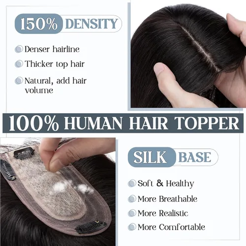 Miniatura 3 de Benehair Toppers de cabello humano para mujer, 100% cabello humano Remy, densidad del 150%, sin flequillo, 2.8 x 5.1 in, base de seda, piezas
