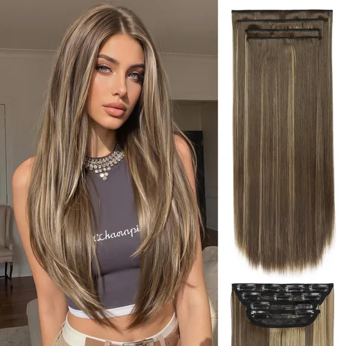 Miniatura 28 de 4 extensiones de cabello sintético suave y natural para mujer, rubio miel, mezcla de castaño castaño, extensiones para mujer