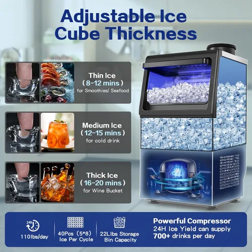 Miniatura 5 de Amzgachfktch Máquina de hielo comercial, 110 libras/24 horas, máquina de hielo para debajo del mostrador con 2 entradas de agua, máquina de hielo