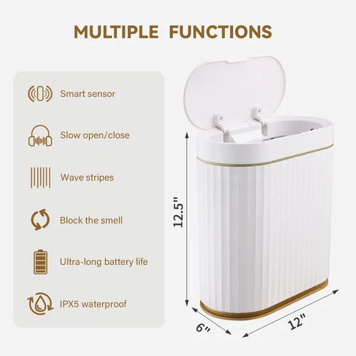 Miniatura 6 de ELPHECO Basurero de baño con tapa de 2.5 galones impermeable con sensor de movimiento, papelera automática para decoración de baño para dormitorio