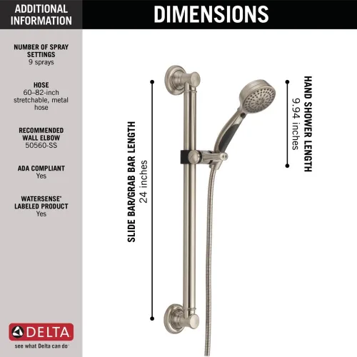 Miniatura 3 de Cabezal de ducha de mano Delta Faucet con barra deslizante de 9 chorros con manguera, Cabezal de ducha de mano cepillado en níquel, Barra deslizante
