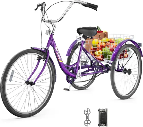 Miniatura 11 de Outroad - Triciclo para adultos, 24/26 pulgadas, triciclo de crucero de 1 velocidad, bicicletas de 3 ruedas con cesta grande para personas mayores