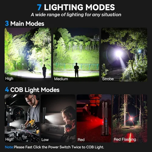 Miniatura 5 de Linterna recargable de 99,000 lúmenes altos, 7 modos de luz LED con COB, potente linterna de mano para el hogar, campamento (paquete de 2)