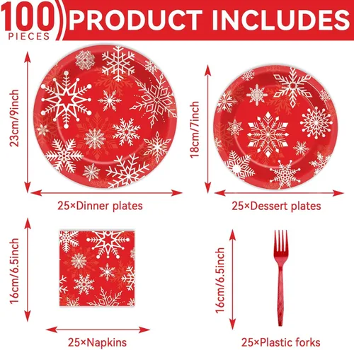 Miniatura 2 de Juego de vajilla de 100 piezas de Feliz Navidad, suministros de fiesta temática de Navidad, sirve para 25 invitados, platos de papel de copos