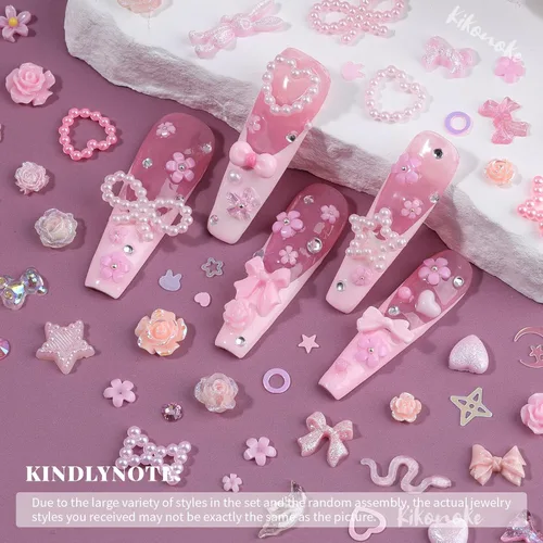 Miniatura 5 de Lindos dijes para uñas 3D, 100 piezas de conejo mariposa flor lazo, dijes de arte para uñas mixtos de diamantes de imitación de uñas con parte Rosa
