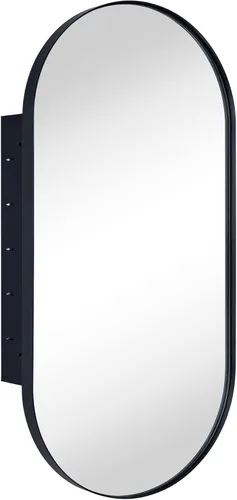 Botiquín de baño empotrado ovalado negro mate con espejo de acero inoxidable con marco de metal oblongo, gabinete de baño con espejo de 16 x 33