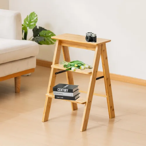 Miniatura 8 de Latifolia Escalera plegable de 3 escalones, taburete de madera con protector de suelo, estante decorativo para sala de estar, cocina, jardín (nogal)
