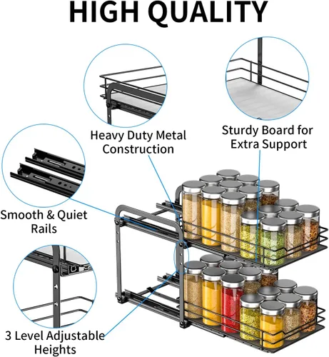 Miniatura 5 de RCHYFEED Estante para especias, organizador de especias de armario extraíble de 2 niveles, altura ajustable, estantes deslizables ultra suaves